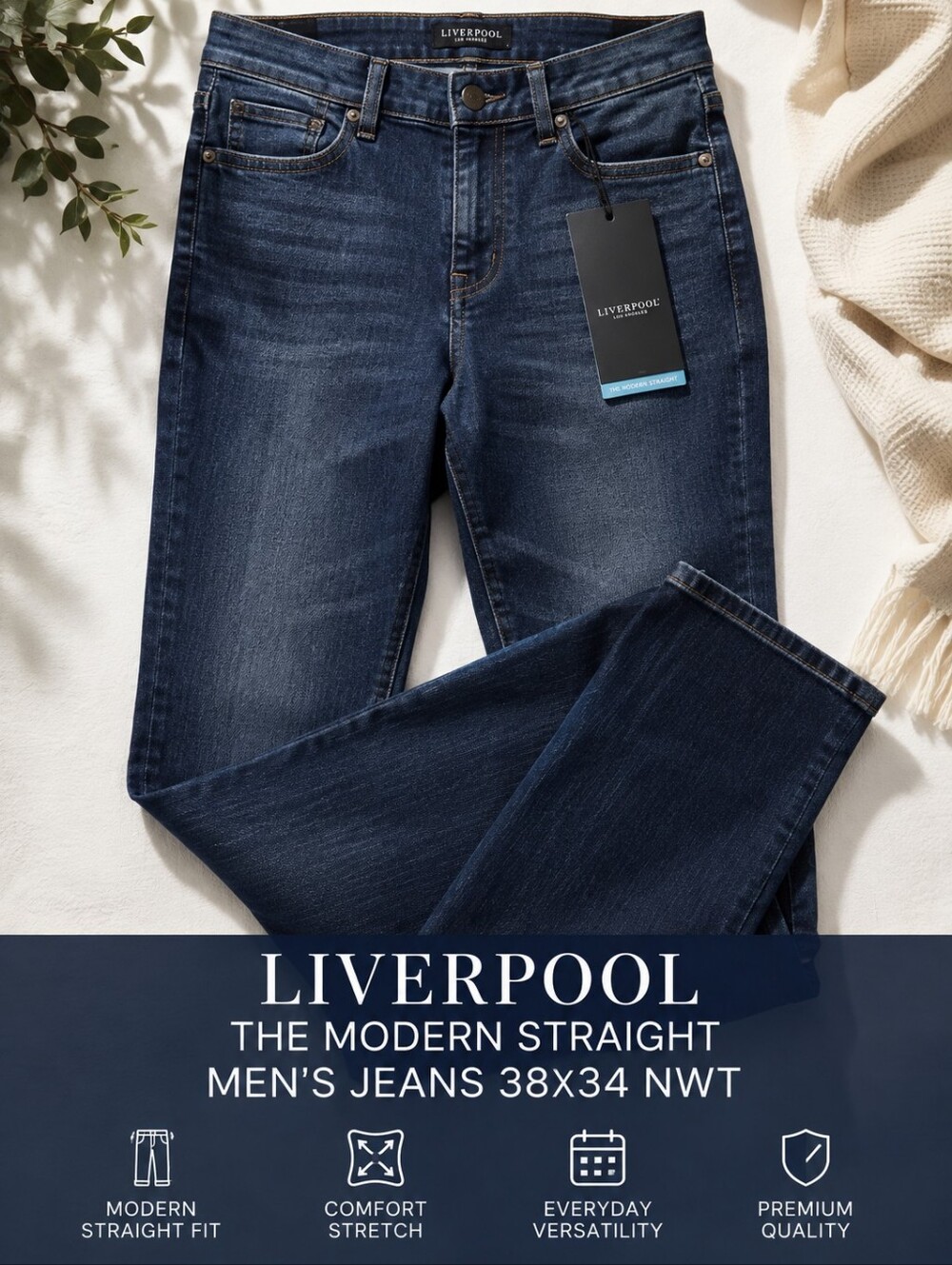 Liverpool Modern Straight Men’s Jeans 38x34 Dark Wash Stretch NWT